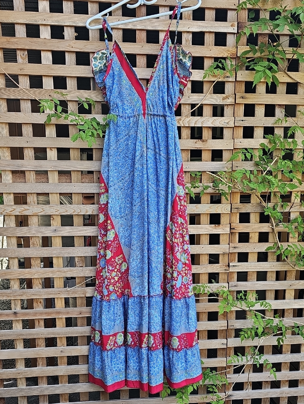 Bohemian Blue Floral SILK Maxi Dress with Red Accent - Picture 2 of 13